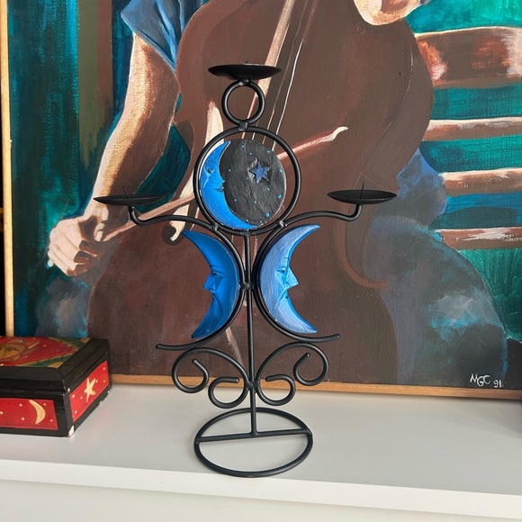 Celestial Vintage 90s Sun Moon Blue 3 Candle Holder - Picture 11 of 12